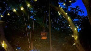 Nachtszene mit einem Garten, der von Lichterketten beleuchtet wird, und einer Glasflasche mit einem Licht darin.