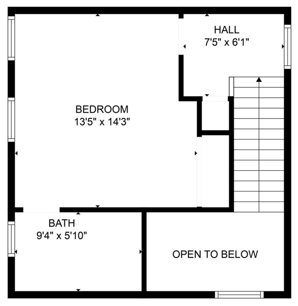 A floor plan of a hotel room with a bedroom measuring 13'5" x 14'3", a bathroom measuring 9'4" x 5'10", and a hall measuring 7'5" x 6'1". The room is open to the below level. - Monthly Lease - Infinity Ridge by Tahoe Getaways - 3BR, Well Travelled Dog Considered. (Truckee)