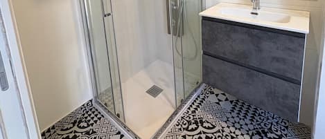 Shower, hair dryer, bidet, towels