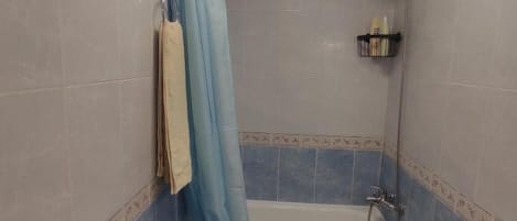 A bathroom with a bathtub, toilet, and shower.