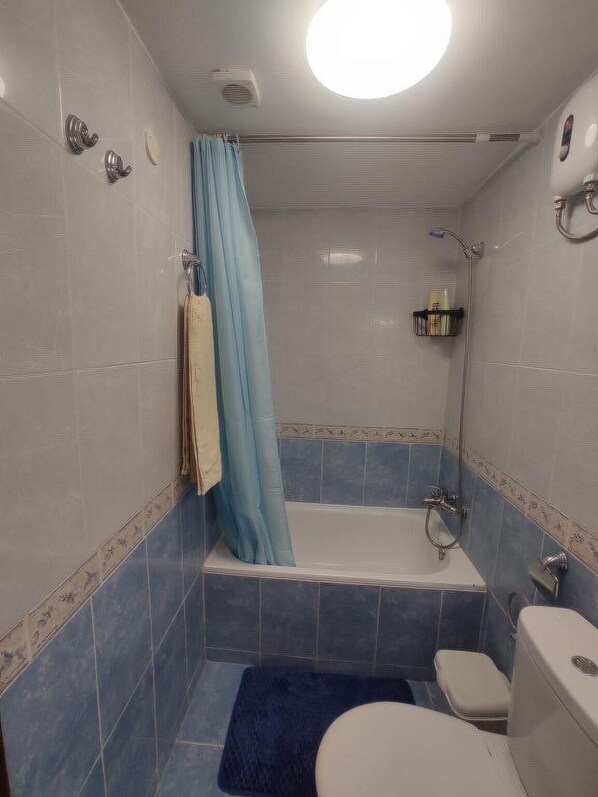 Une salle de bain avec une baignoire, des toilettes et une douche.