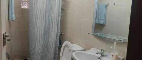 A bathroom with a shower, toilet, sink, and a glass shelf.