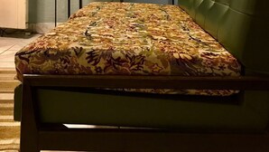 A room with a green upholstered sofa, a patterned rug, a desk with a lamp, and a wall-mounted artwork. - Cozy little house in São Paulo, your home away from home!!  Easy access (Unknown)