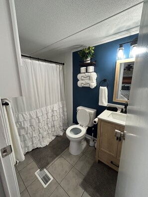 A bathroom with a toilet, sink, and shower curtain.