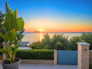 A sunset view from a balcony overlooking a body of water, with a potted plant and a blue gate in the foreground.