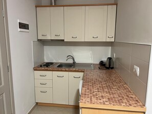 Fridge, electric kettle, toaster, cookware/dishes/utensils