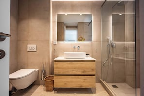 Shower, hair dryer, towels, shampoo