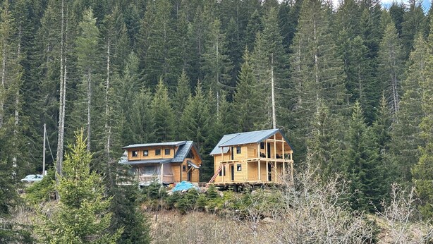 Deux cabanes en bois, entourées d’une forêt dense.