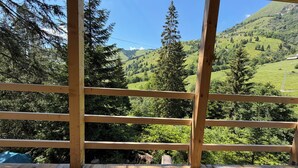 Une terrasse en bois offrant une vue sur une vallée verdoyante et des arbres.