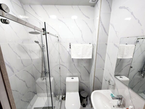 A bathroom with a glass-enclosed shower, a toilet, and a sink.