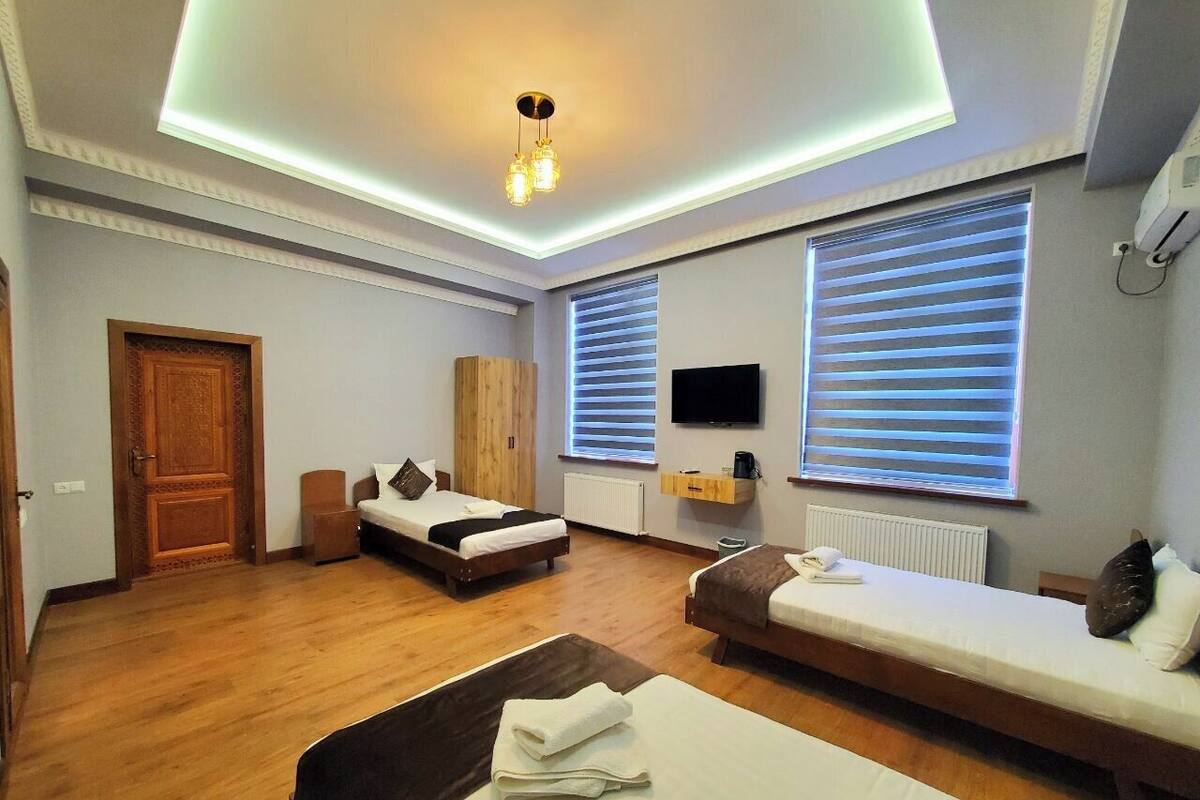 Una habitación de hotel moderna con dos camas individuales, un sofá cama, un televisor de pantalla plana y un aplique de techo.