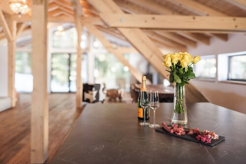 Luxury chalet with panorama, sauna, steam bath, hot tub & cinema, fondue house, and much more.