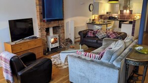 Smart TV, fireplace, DVD player, books