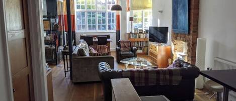 Smart TV, fireplace, DVD player, books