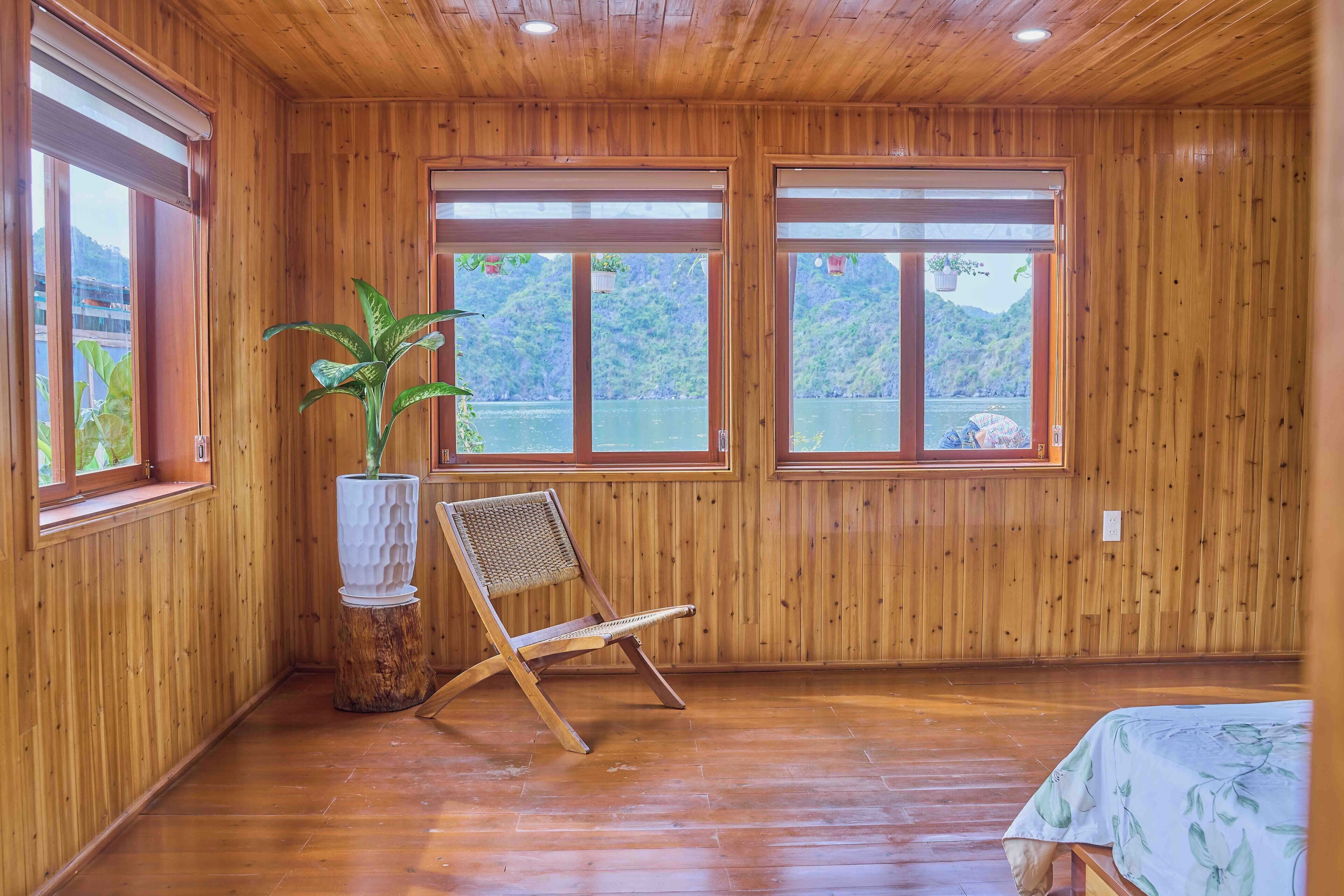 A wooden-paneled room with large windows, a potted plant, a chair, and a bed.