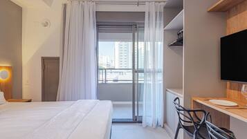 Individually decorated, desk, laptop workspace, blackout curtains