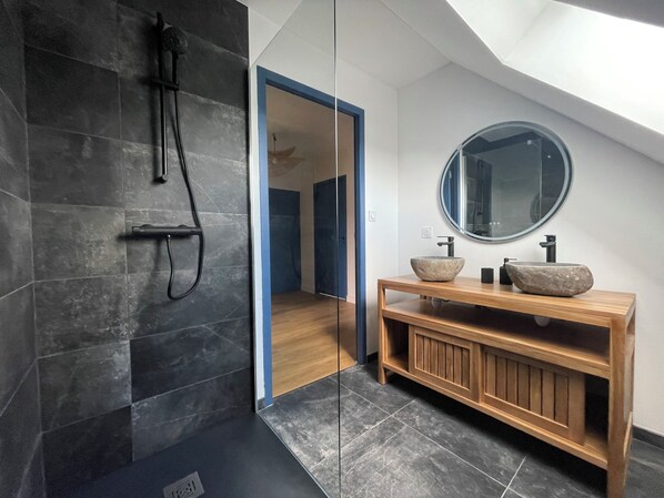 Shower, hair dryer, soap, toilet paper