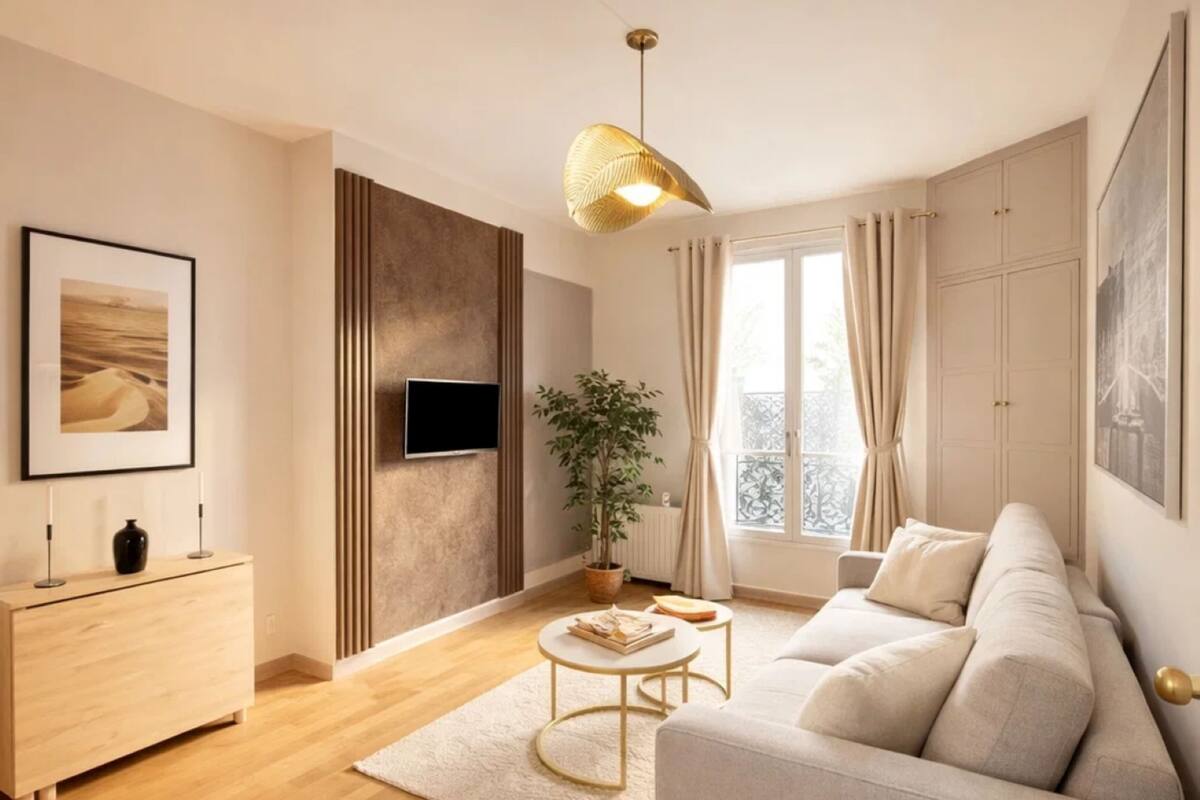 A modern living room with a sofa, a TV, a plant, and a wooden floor.