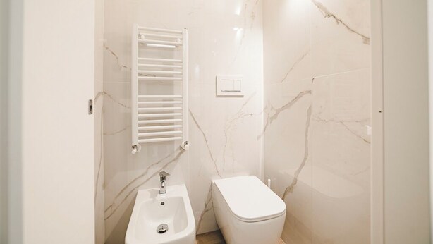 A small bathroom with a white sink, toilet, and towel rack. - Monteverde Vatican (Rome)