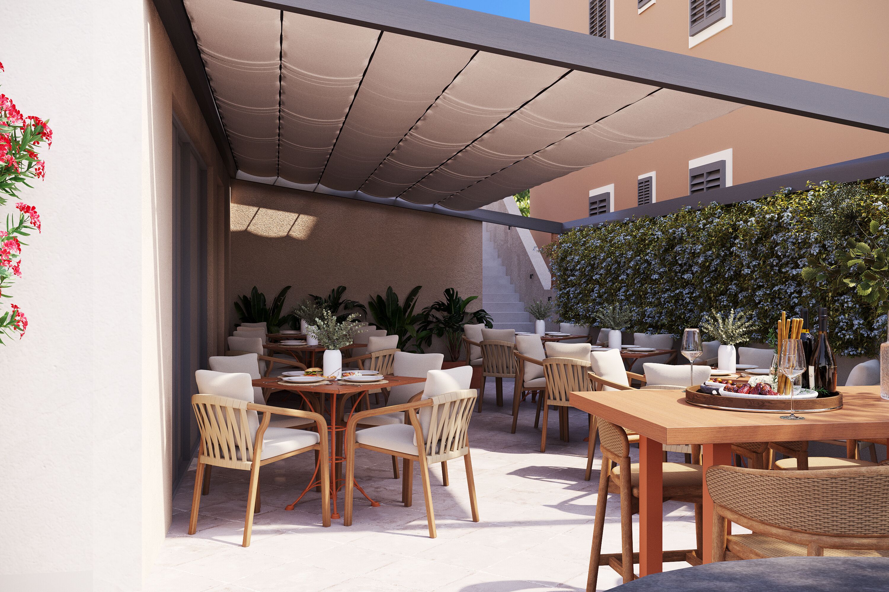 An outdoor patio with wooden tables and chairs, potted plants, and a pergola providing shade.