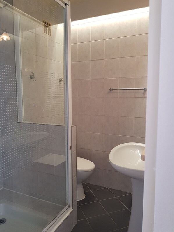 A bathroom with a glass-enclosed shower, a toilet, and a sink.