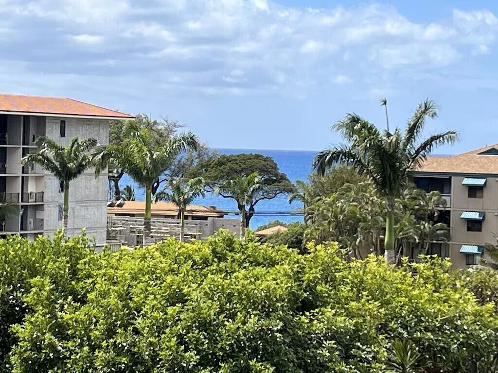 Ein Küstenhotel mit Blick auf den Ozean, Palmen und einen klaren Himmel.