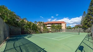 Ein Tennisplatz mit Netz, umgeben von einem Zaun und Palmen, mit einem Gebäude im Hintergrund.