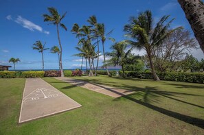 A shuffleboard court with a clear view of the ocean and palm trees in the background. - FALL SPECIAL!! PREMIUM OCEANFRONT UNIT WHER THE OCEAN MEETS THE SKY!!! (Kihei)