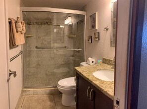 Shower, hair dryer, towels