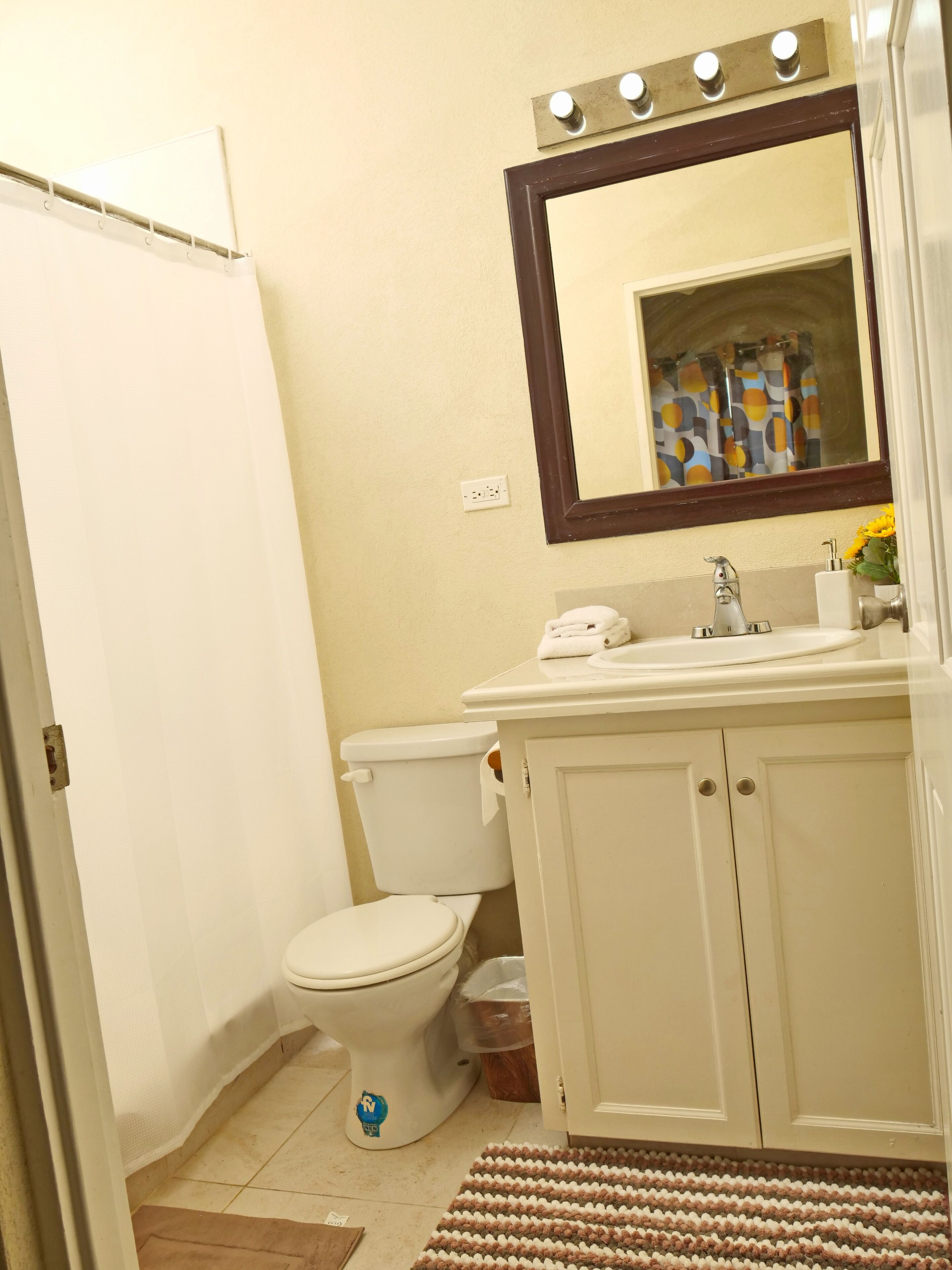 A bathroom with a toilet, sink, mirror, and a small rug.