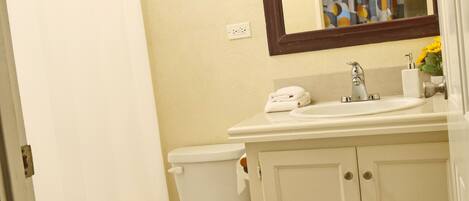A bathroom with a toilet, sink, mirror, and a small rug.