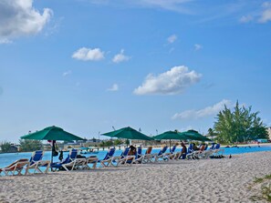 Una spiaggia con file di sdraio sotto ombrelloni verdi, una piscina sullo sfondo e un cielo sereno.