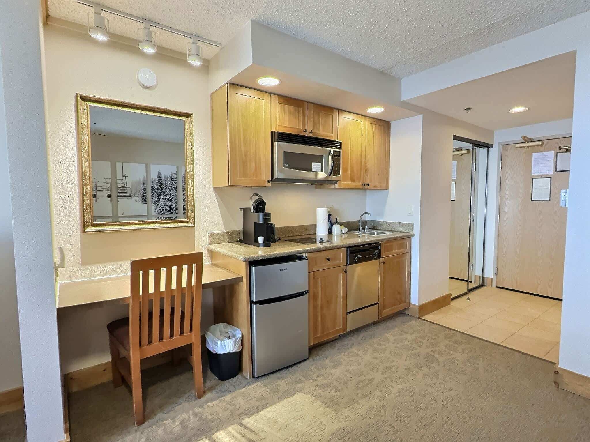 Microwave, stovetop, dishwasher, coffee/tea maker