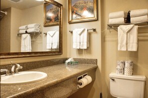 A bathroom with a sink, mirror, towel rack, toilet, and framed pictures on the wall. - Studio with Pool, Hot Tub, Biking Trails, Pets Okay (Crested Butte)