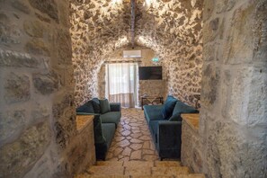 TV, fireplace, offices - Niki's Tower - Exclusive Serene Seaview Stone Gem (Kalamata)