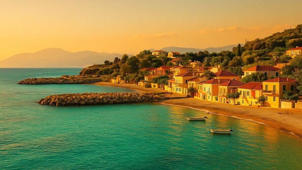 A coastal village with houses along the shoreline, a rocky breakwater, and boats on the water. - Niki's Tower - Exclusive Serene Seaview Stone Gem (Kalamata)