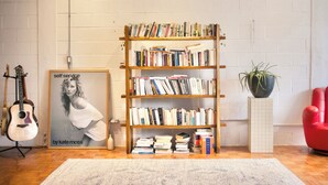 A bookshelf filled with books, a framed poster, a guitar, a potted plant, and a red chair.