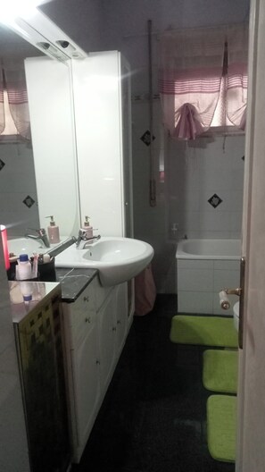 Hair dryer, bidet, towels, soap