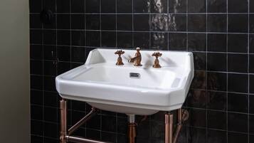 Shower, hair dryer, soap, toilet paper