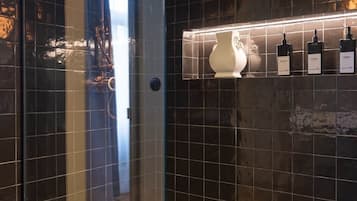 Shower, hair dryer, soap, toilet paper