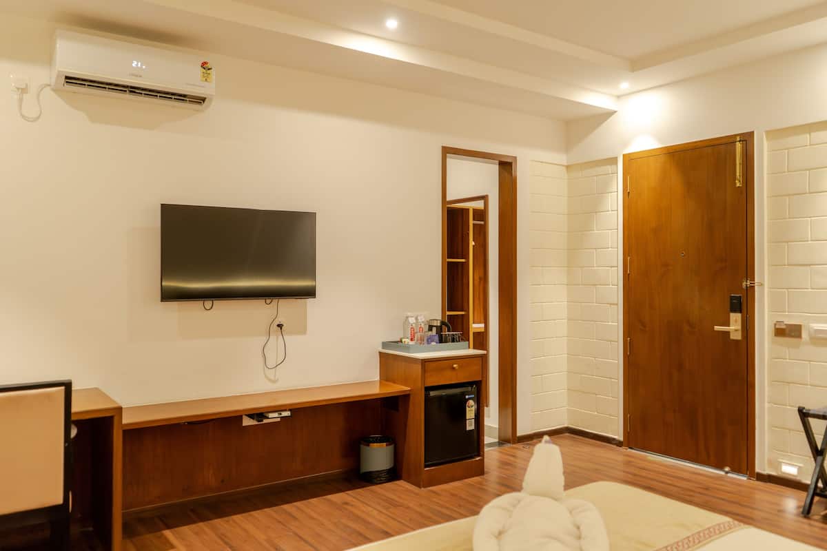 A room with a TV, wooden furniture, a small kitchenette, a mirror, and a wooden door.
