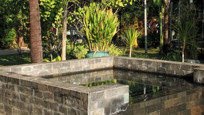 A stone pool with a surrounding stone wall, surrounded by various tropical plants and trees. - Banana Resort le Petit nid de Caro (Siem Reap)