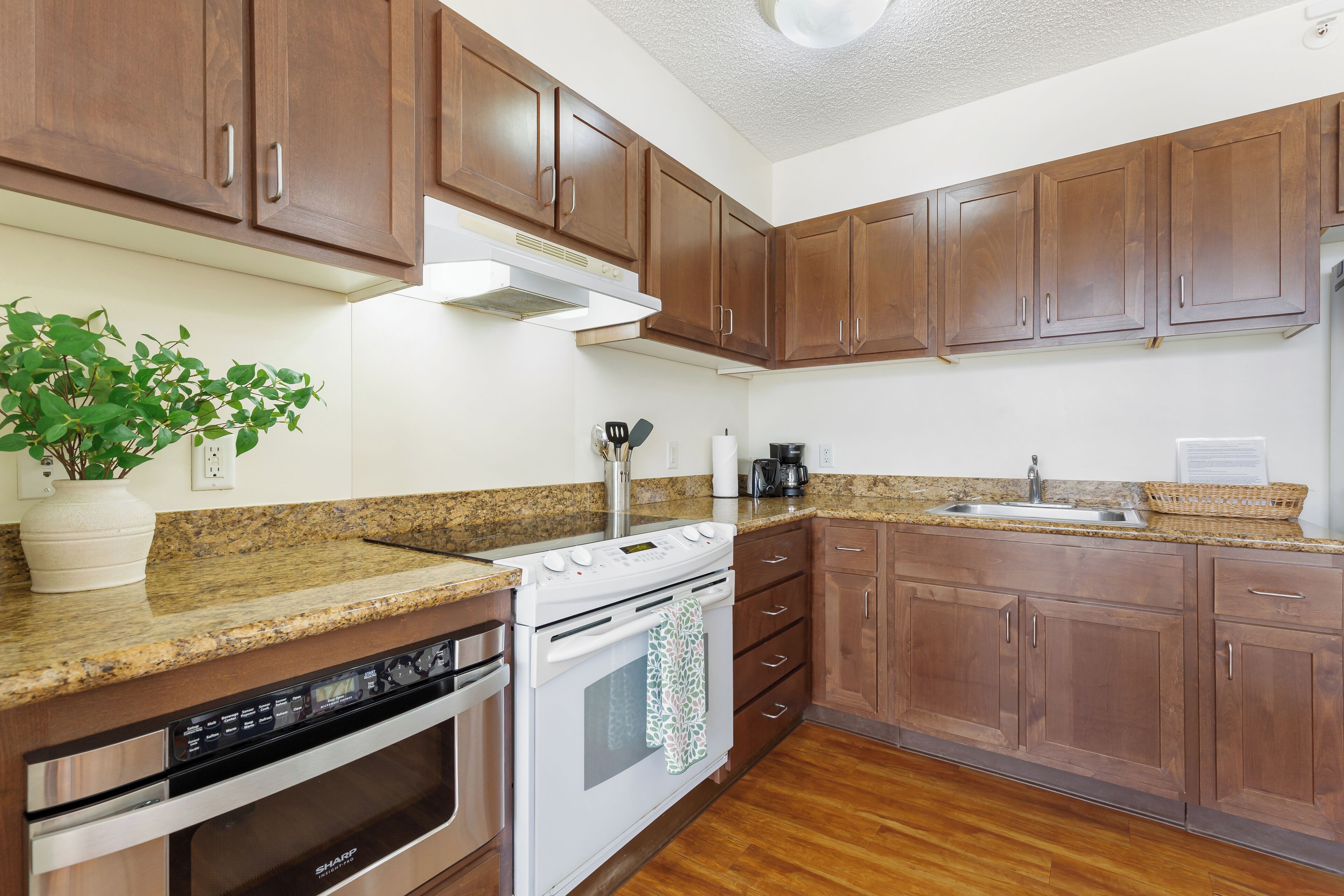 Fridge, microwave, oven, coffee/tea maker