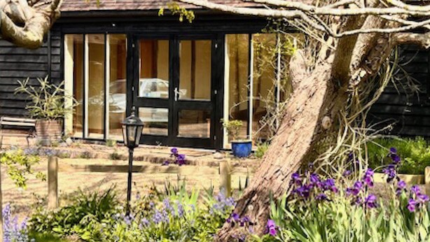 Une maison en bois avec une fenêtre à cadre noir et une porte, entourée d’un jardin où poussent des fleurs violettes et un arbre.