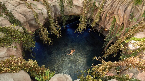 Une piscine intérieure aux eaux cristallines où une personne nage, entourée de rochers artificiels et de verdure.