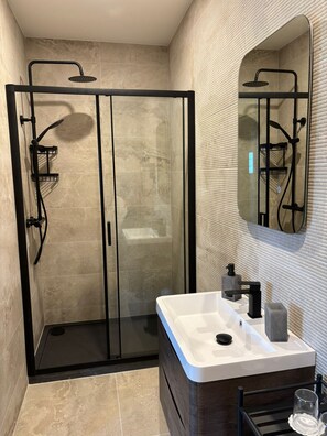 Shower, hair dryer, towels, toilet paper