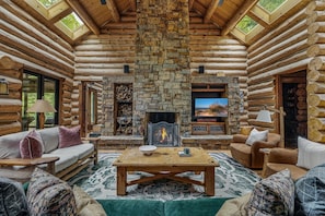 Smart TV, fireplace, books, offices