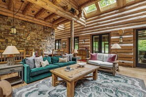 Smart TV, fireplace, books, offices