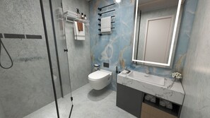 Shower, hair dryer, towels, soap