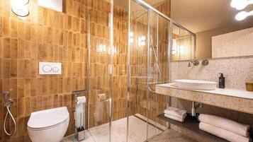 Een moderne badkamer met een douche met glazen wand, een wit toilet, een wastafel met spiegel en een handdoekrek.